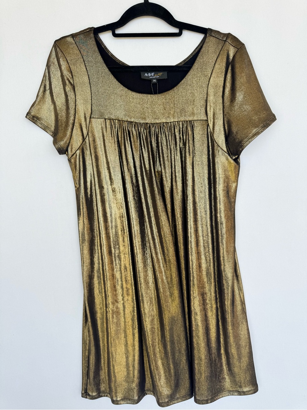 ABS Allen Schwartz Metallic Gold Short Sleeve Swing Dress - Picture 5 of 12